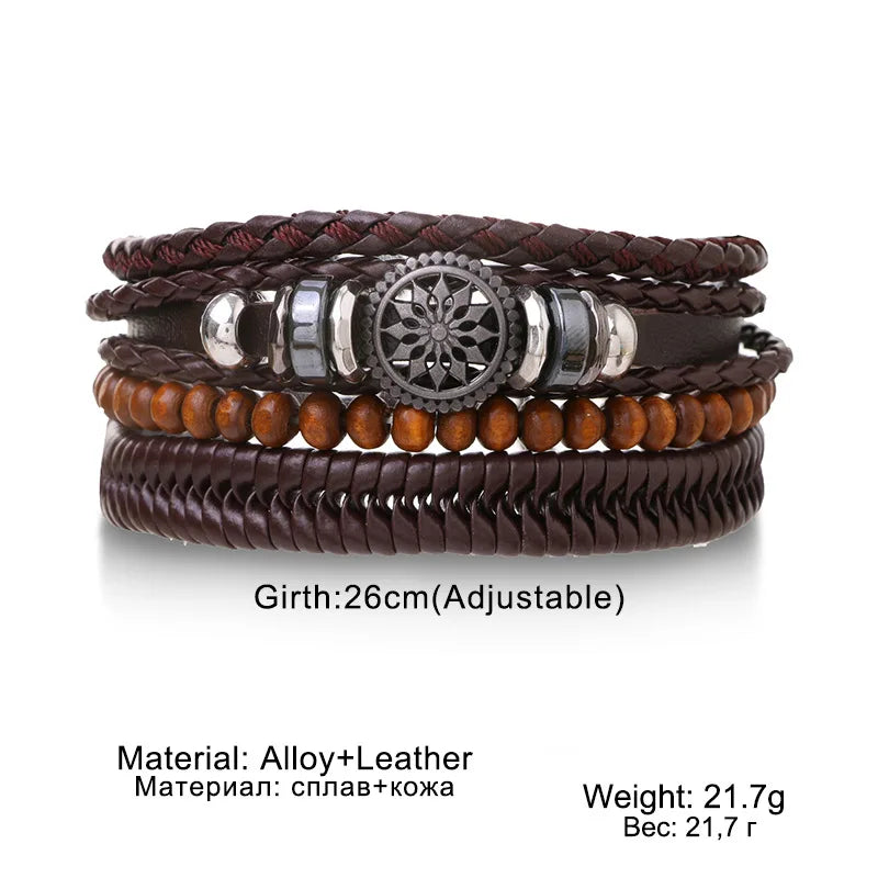 4Pcs/ Set Braided Wrap Leather Bracelets for Men Vintage Life Tree Rudder Charm Wood Beads Ethnic Tribal Wristband Rope Brace