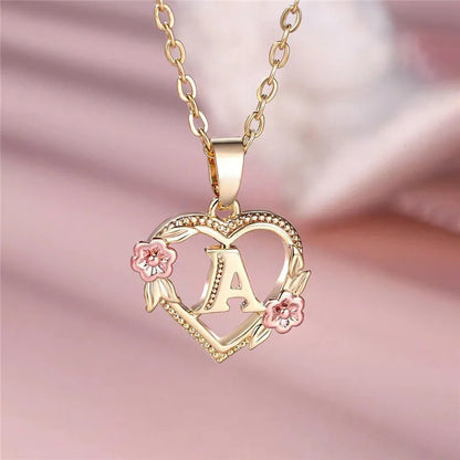 Female A-Z Letter Flower Pendant Necklace Yellow Gold Color Wedding Jewelry Gift For Women - A