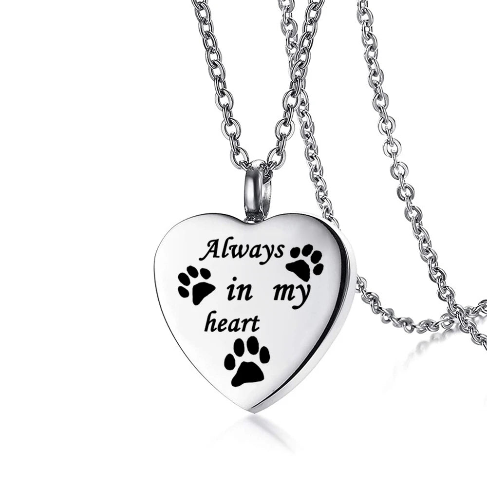 Cremation Jewelry for Ashes Always in My Heart Stainless Steel Heart Pet Paw Keepsake Pendant Memorial Urn Necklace - Silver