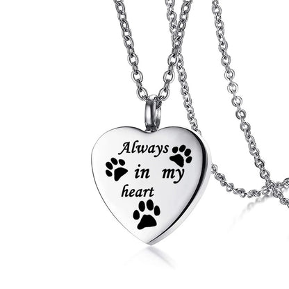 Cremation Jewelry for Ashes Always in My Heart Stainless Steel Heart Pet Paw Keepsake Pendant Memorial Urn Necklace - Silver