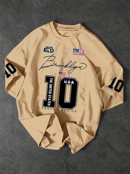 USA Brooklyn Style 10 Print Oversized T Shirt Men's Streetwear Vintage Jersey Tee