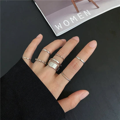 Punk Simple Rings Set Silver Color Geometric Hollw Wide Ring Set Women's Vintage Joint Hiphop Finger Rings Jewelry