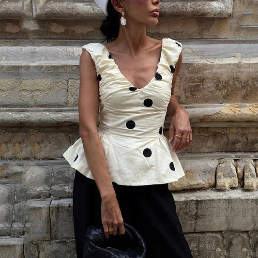 Linad Vintage Polka Dot Backless Tank Tops Summer Street Chic Slim Deep V Neck Vest Casual Ruffles Sleeveless Tops Woman 2026