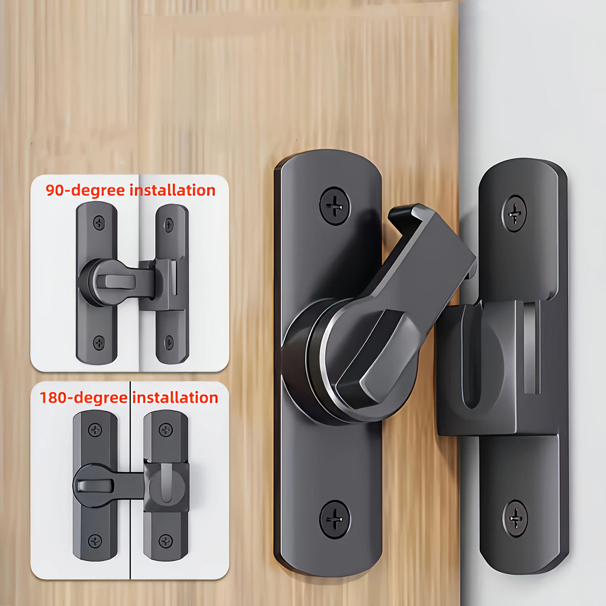 Anti-Theft Door Lock - 90°/180° Adjustable Sliding Pin, Keyless Entry Heavy-Duty Black Easy Install for Home Office Hotel Gar