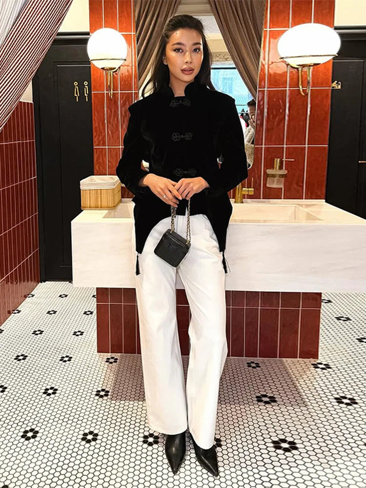 Frog Closure Velvet Tassel Jacket Slim Long Sleeve Mandarin Collar 2026 Spring Fashion Elegant Women Outerwear Chic Lady Coat
