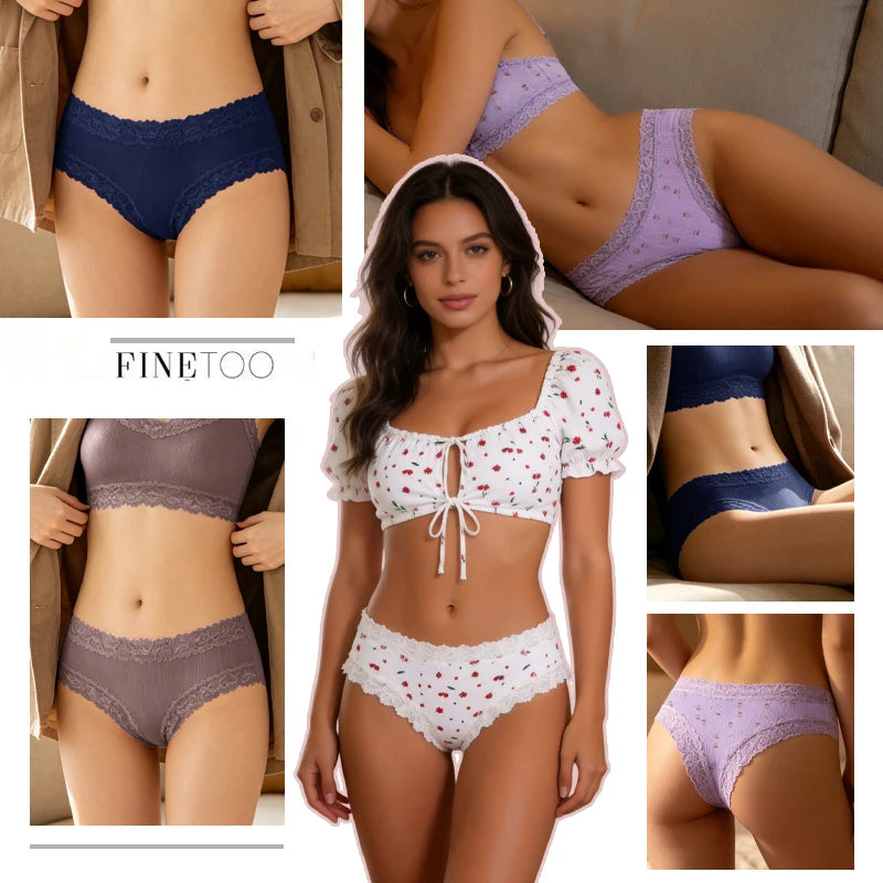 3Pcs Cotton Lace Patchwork Bikini Panties Women Seamless Floral Print Brazilian Pants Low Waist Breathable Female Sexy Linger