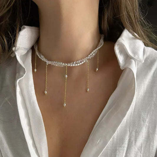 Fashion Tassel Chain Pendant Necklace For Women Boho Transparent Crystal & Imitation Pearl Chain Jewelry Valentine's Gift N05