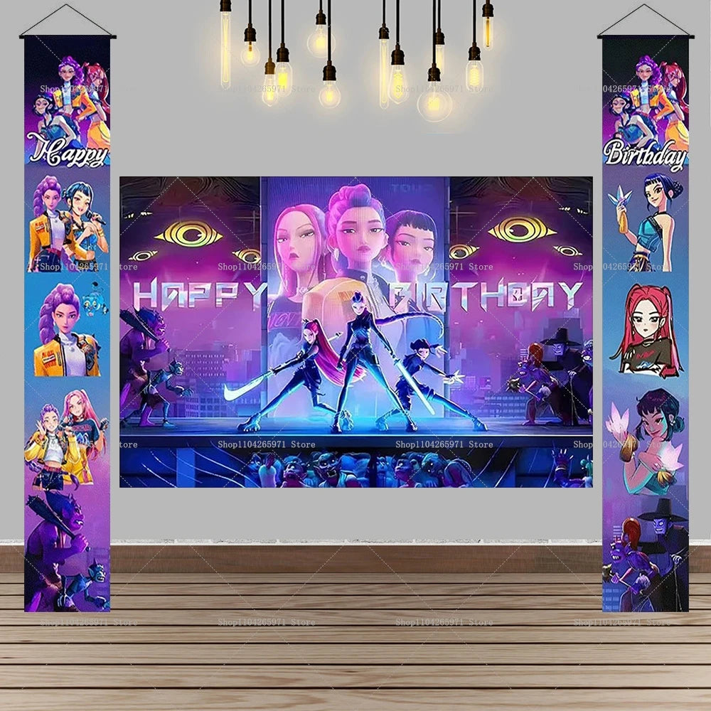 Hot KPop Demon Hunters Backdrop Door Banner Kids Adult Birthday Party Decorations Baby Shower Photo Booth Background Props