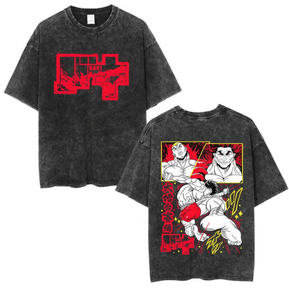 Vintage Washed T Shirt Anime Baki The Grappler T-shirt Hanma Yujiro Gym Short Sleeve T-shirts Oversized Cotton Casual Tee Shi