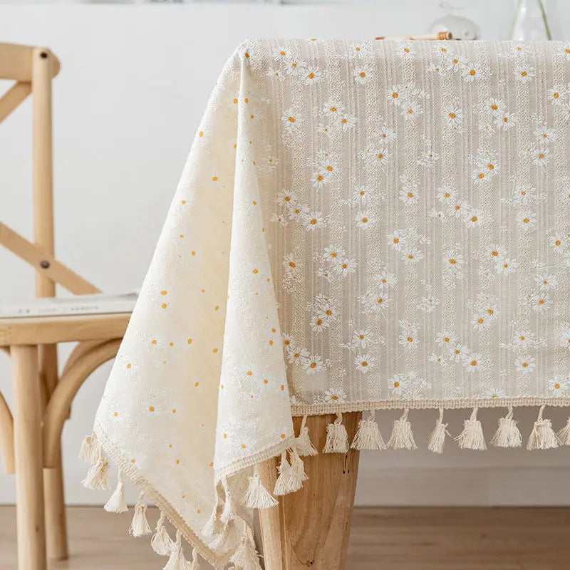 Korean Style Small Daisy Cotton Floral Tablecloth For Kitchen, Wedding, Dining Room - Golden Daisy Tassels / 90x140cm