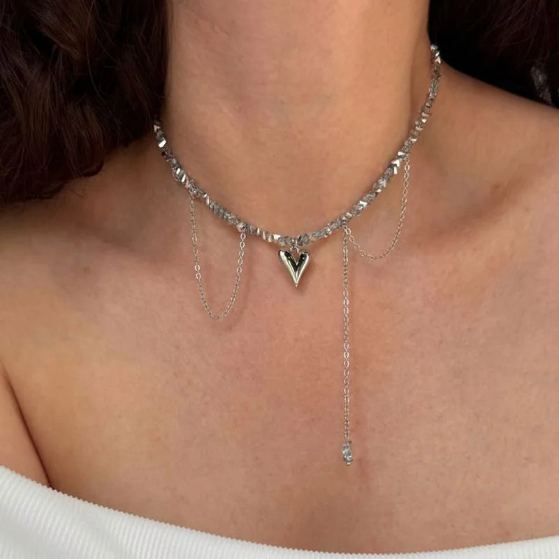 New Irregular Choker Vintage Zircon Heart Pendant Necklace For Women Female Pink & white Stone Chain Valentine's Gift N0548 -