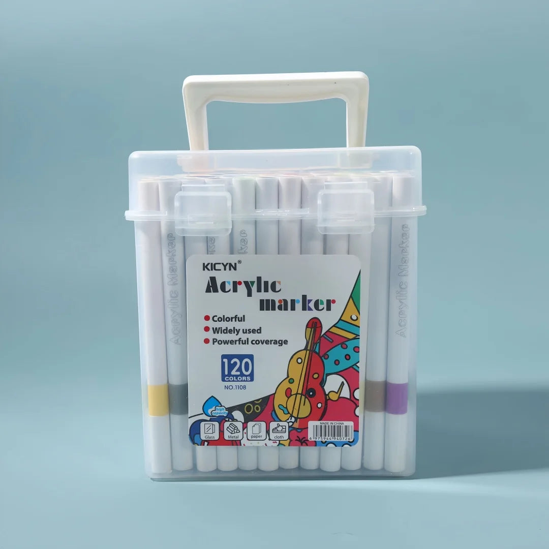 Water-Washable, Non-Bleeding, Layerable Acrylic Markers for Primary School Students - Waterproof, Bucket-Packed Colored Pens 