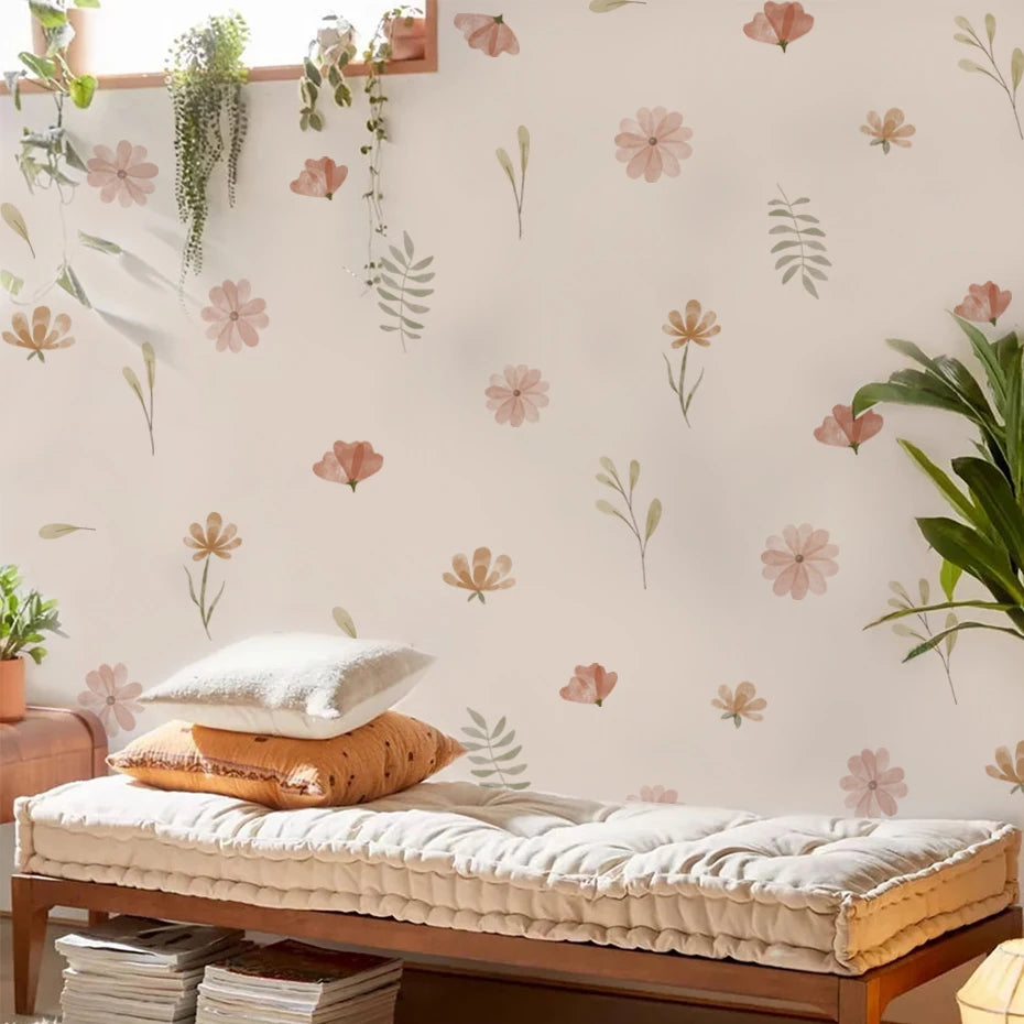 Boho Style Flowers Leaves Watercolor Wall Sticker Nursery Vinyl Wall Art Decals for Living Room Bedroom Kids Room Home Decor