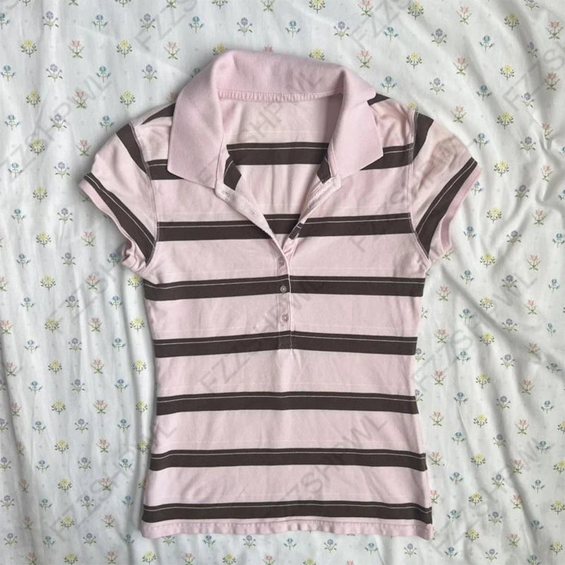 Vintage Y2K Women's Crop Top Casual Slim Chic Faux Two-Piece Color-Blocked Short Sleeve Shirts Spring Summer Striped Streetwe