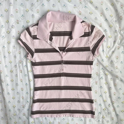 Vintage Y2K Women's Crop Top Casual Slim Chic Faux Two-Piece Color-Blocked Short Sleeve Shirts Spring Summer Striped Streetwe