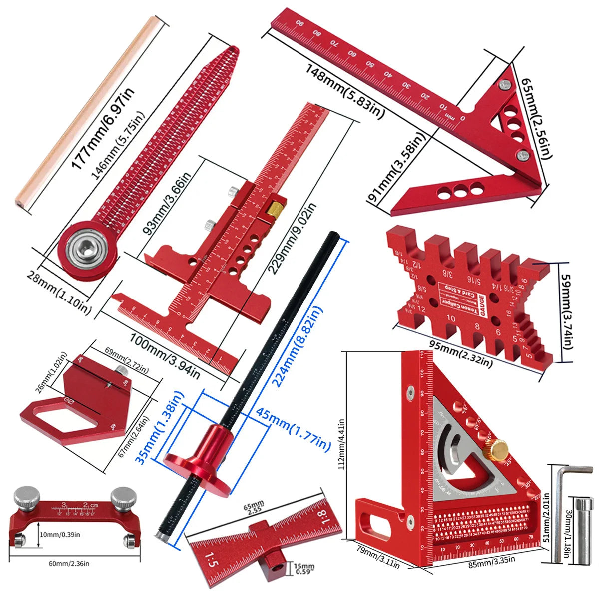 Woodworking Project Combination Set with Box, Including Triangle Ruler, Scriber, Tenon Gauge, Dovetail Gauge, Positioning Cla