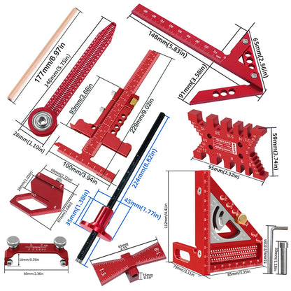 Woodworking Project Combination Set with Box, Including Triangle Ruler, Scriber, Tenon Gauge, Dovetail Gauge, Positioning Cla