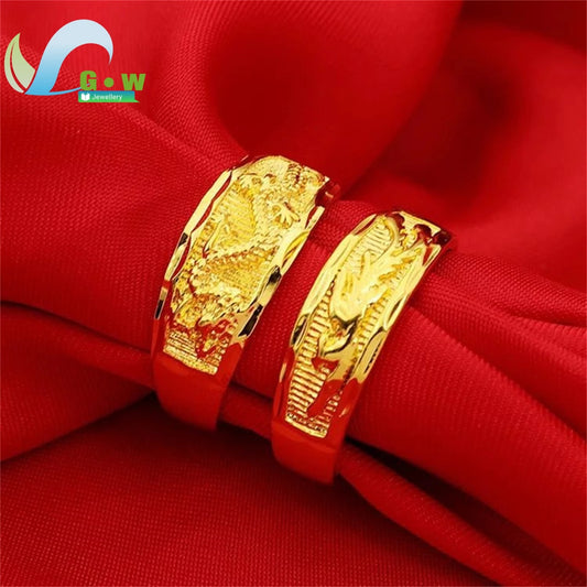 Fancy Gold Carve Dragon Phoenix Couple Adjustable Open Rings Stone Lucky Charm Band Classic Elegant Fashion Jewelry Gift Wedd