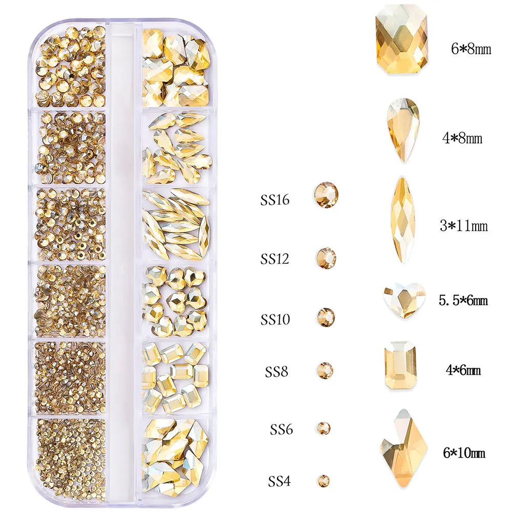 2400pcs+ Shiny Clear Crystal Gems Nail Rhinestones 1.5-4mm Mixed Round Glass Stone Flatback Nail Charms 12grids Nail Diamond 