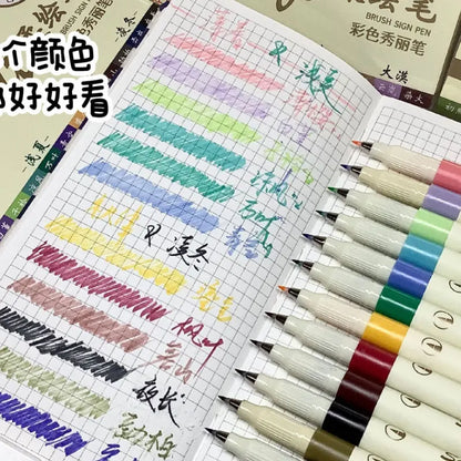 12/6 Color Vintage Watercolor Lettering Art Marker Drawing Pen Set Multicolor Soft Brush Tip Calligraphy Painting Art Supplie