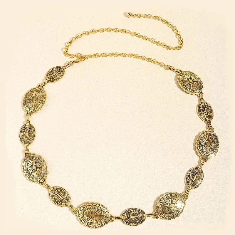 Retro Metal Waist Chain for Women Carved Round Decorative Belt Fashion Waist Jewelry Dress Accessories