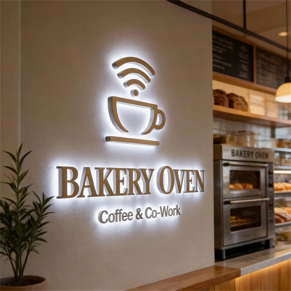 Custom 3D Halo‑Lit Backlit Metal Logo Sign Led Illuminated Letters For Cafe Bakery Coffee Shop Restaurant Commercial Storefro