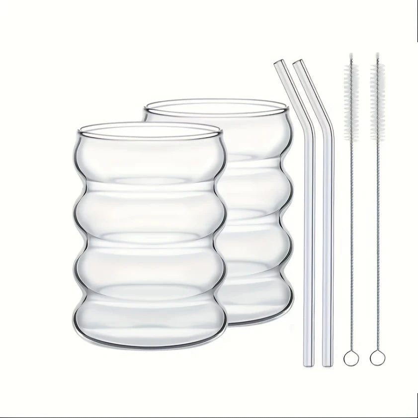 2 High Borosilicate Glass Coffee Cups 350ML/11.8oz with Straw and Brush, Vintage Ripple Design, Transparent Aesthetic Drinkwa