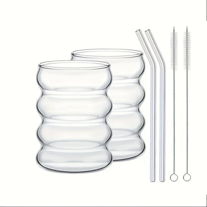 2 High Borosilicate Glass Coffee Cups 350ML/11.8oz with Straw and Brush, Vintage Ripple Design, Transparent Aesthetic Drinkwa