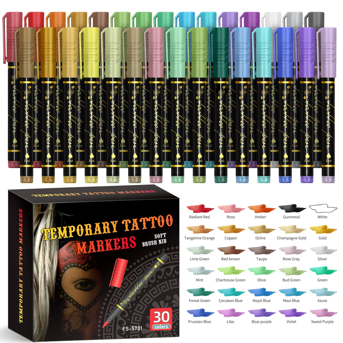 Temporary Tattoo Markers for Skin,10 Colors Tattoo Pens,Brush Tip,Bright colors,Face Paint Kit Cosmetic Quality,Halloween mak