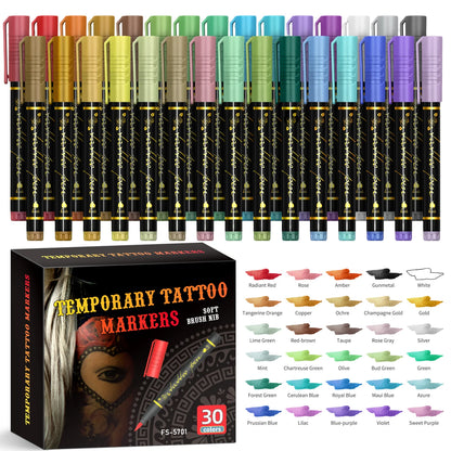 Temporary Tattoo Markers for Skin,10 Colors Tattoo Pens,Brush Tip,Bright colors,Face Paint Kit Cosmetic Quality,Halloween mak