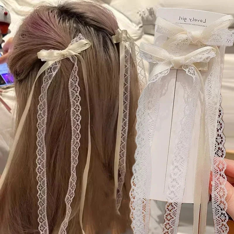 2Pcs White Sweet Lace Long Bow Hair Clip Women Girls Ribbon Tassel Bowknot Hair Pins Braid Barrettes Trend Hollow Out Headwea