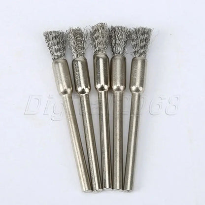 5/10pcs Pencil Brushes Stainless Steel Mounted Wire Wheel Mandrel Set Dremel Accessory Rotary Tools 3.17mm Shank Mandrel Silv