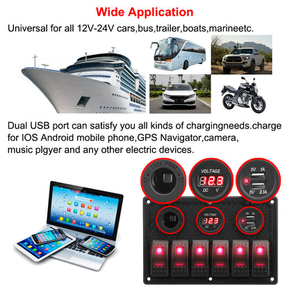 24V 12V 6 Buttons Switch Panel With Digital Voltmeter Tester USB Chargers 3.0 Light Toggle Car Power Adapter Marine Boat Cara