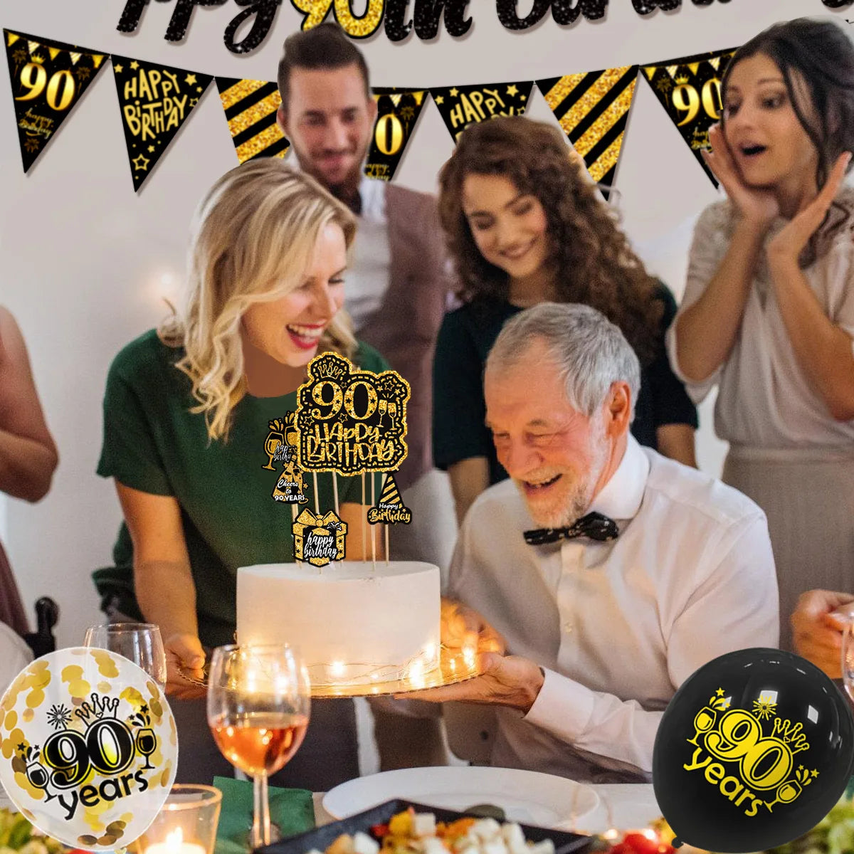 Black Gold Happy 21 30 40 50 60 70th 80th 90th Birthday Banner Garland Hanging for DIY Adult Party Decoration