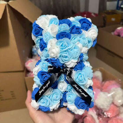 25cm Artificial Teddy Rose Flower Bear with Box Romantic Valentines Day Gift Girlfriend Women Anniversary Wedding Party Suppl