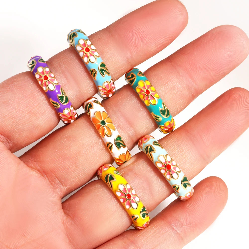 Vintage Colorful Enamel Flower Rings Trendy Geometric Female Minimalist Flower For Ladies Wedding Party Engagement Jewelry Gi