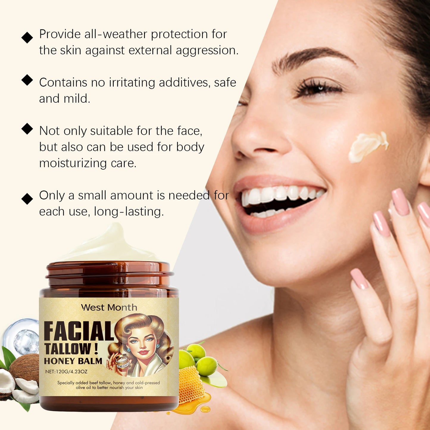 Beef Tallow Face Cream Lasting Moisturizing Soothing Facial Skin Firming Increase Facial Elasticity Nourishing Smooth Skin Ca