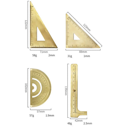 Professional Brass Drafting Set: Triangular Ruler, Protractor, French Curve, Copper Straight Edge Caliper, Vintage Drawing To