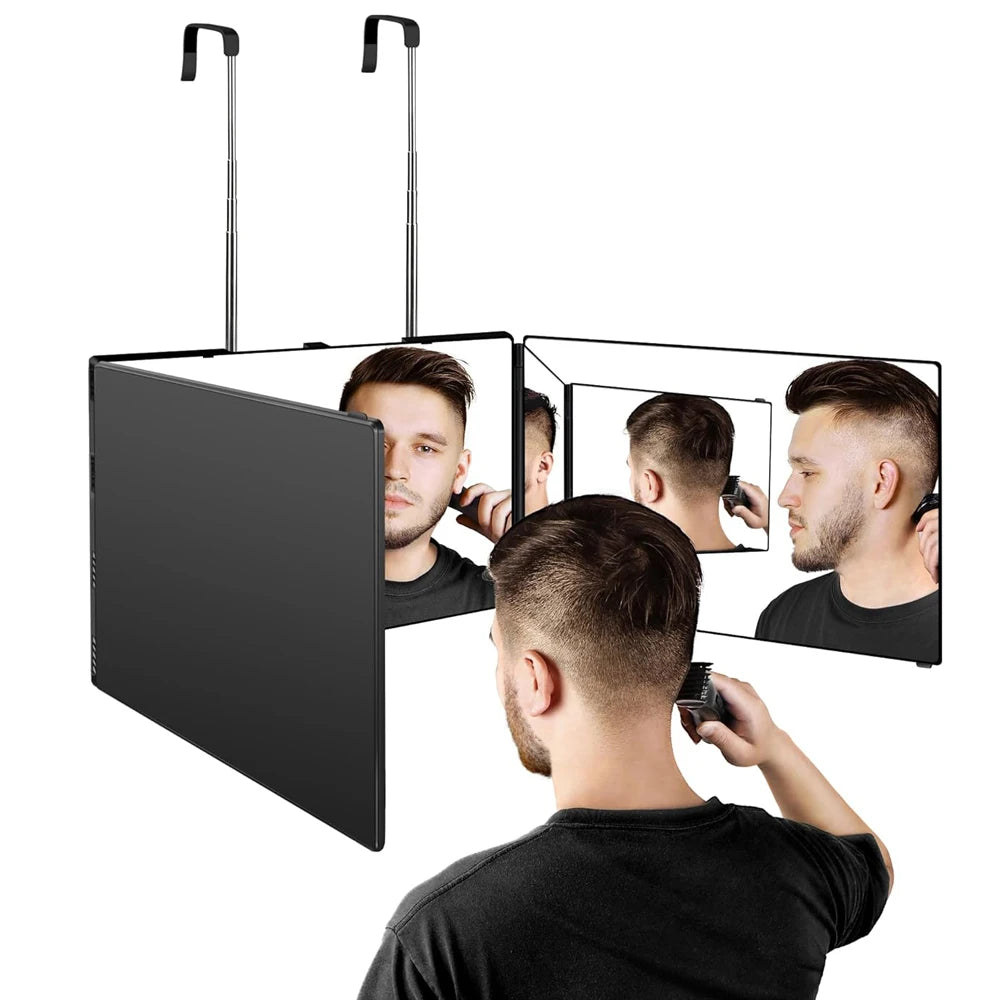 Travel Portable 360° Trifold Vanity Makeup Mirror with Height Adjustable Telescoping Hook for Hair Self Cutting, Shaving, Gif