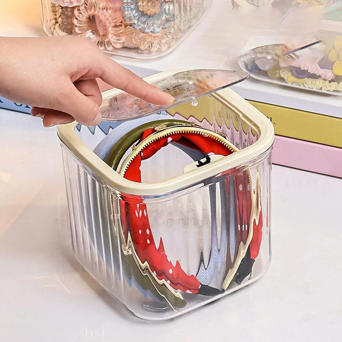 1pc Hair Accessory Storage Box, Desktop Press On Jewelry Box, with Lid, Girls' Rubber Band Headband Hair Clip Organizing Box