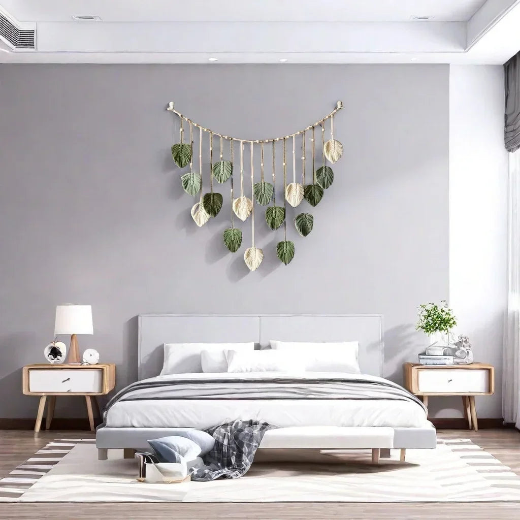 Boho Home Decoration, Macrame Tapestry Macrame Leaf Feather Wall Hanging Decor for Living Room Bedroom, Boho Wall Art Home De