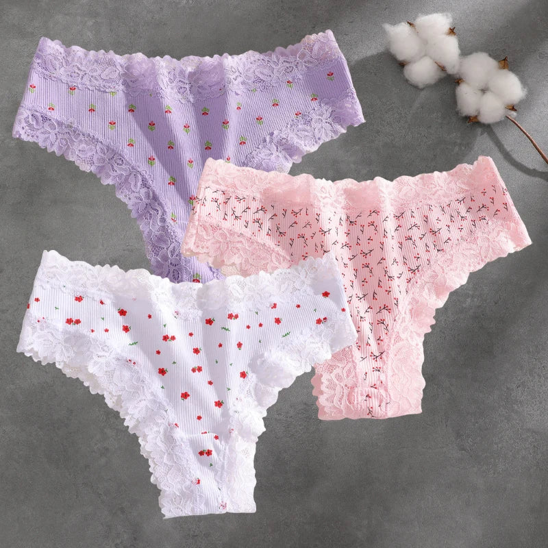 3Pcs Cotton Lace Patchwork Bikini Panties Women Seamless Floral Print Brazilian Pants Low Waist Breathable Female Sexy Linger