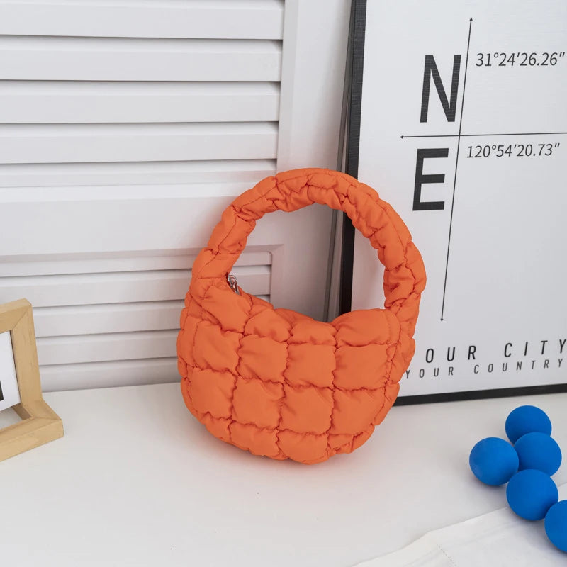 Fashion Mini Puffer Tote Bag Quilted Circle Phone Purse Elegant Purple Soft Nylon Padded Key Pouch Simple Trend Handbag - A6
