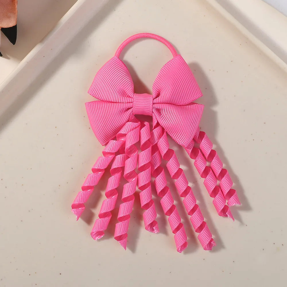 Baby Girls Back To School Ribbon Curly Hair Bow with Ties Rope Elastic Hairbands Kids Ponytail Holder Bowknot Hair Accessorie