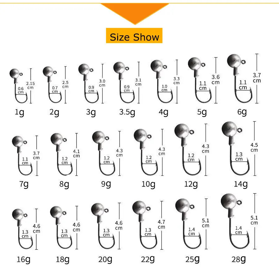 MrLurion 30pcs 1g 2g 3g 5g 10g 14g 18g 22g 25g 28g Fishing jigging head hook ,round head rigs fishhook for soft worm crank lu