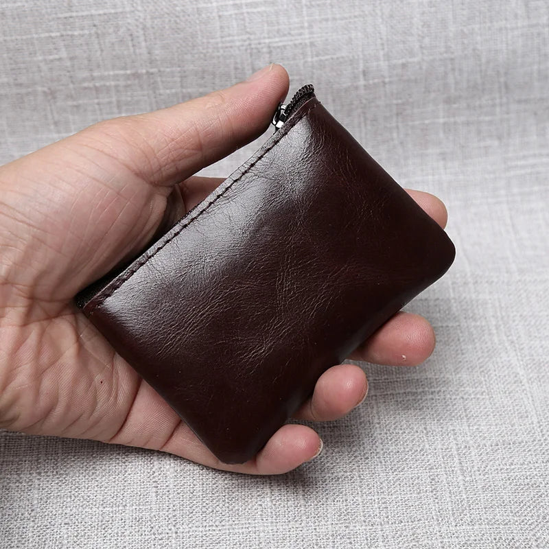 Leather Mini Coin Purse Unisex Simple Portable First Layer Cowhide Retro Handmade Zipper Small Wallet Key Case