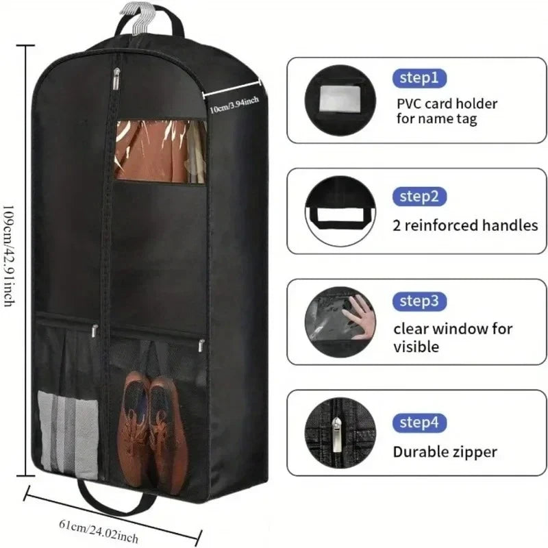 Travel Suit Bag with Zipper Closure, Gusseted Hanging Clothes Storage Organizer and Pocket for Shirts, Coats, Dresses
