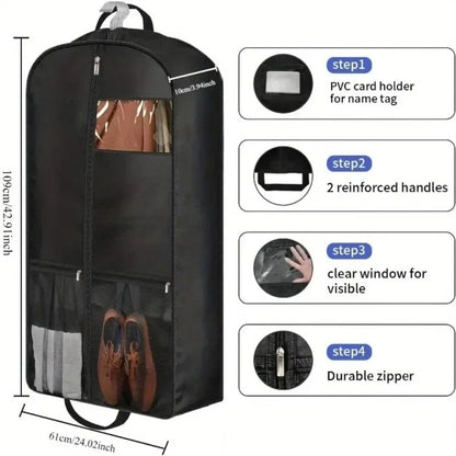 Travel Suit Bag with Zipper Closure, Gusseted Hanging Clothes Storage Organizer and Pocket for Shirts, Coats, Dresses