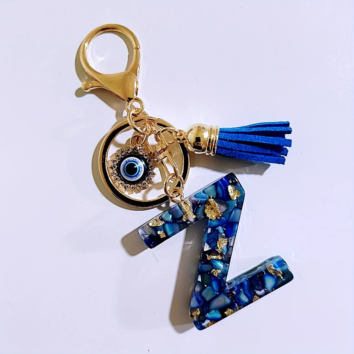 Blue Resin Initial Keychain - Evil Eye Letter Charm with Rhinestones & Tassel, Stylish Gift for Women, Lobster Clasp Accessor