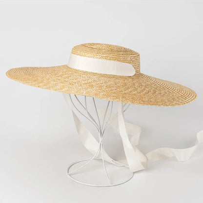 Wide Brim Boater Hat 10cm 15cm Brim Straw Hat Flat Women Summer Kentucky Derby Hat White Black Ribbon Tie Sun Hat Beach Cap